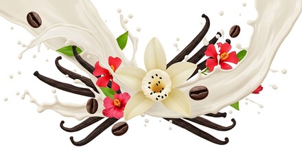 Creamy vanilla orchid coffee beans and red flowers splash