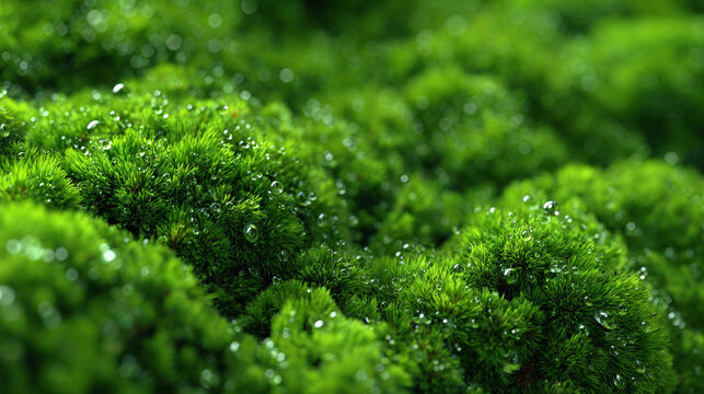 Close-up of vibrant green moss with water droplets, showcasing nature's intricate textures