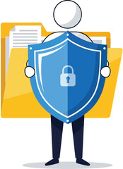 Simple vector illustration of person protecting data folder with shield icon, security theme