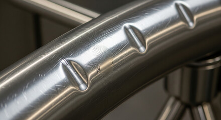Close-up of brushed stainless steel tube with embossed circular indentations
A close-up view of a curved, brushed stainless steel tube or handle, featuring a series of evenly spaced, smooth indentatio
