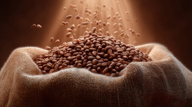 Close-up of a sack of coffee beans spilling out of it. the sack is made of a light-colored fabric, possibly burlap or linen, and the beans are a dark brown color.