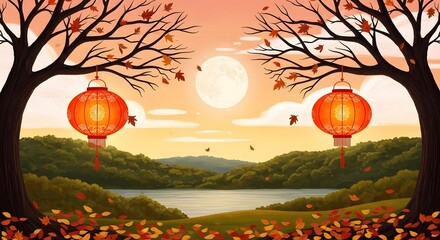 Warm sunset over serene landscape with lanterns