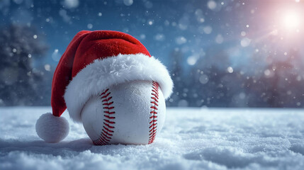 baseball leather white ball with red stiches and a red santa claus hat for christmas in the snow at night