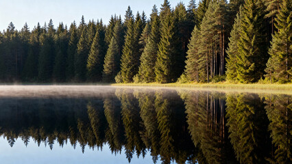 Serene lake surrounded by dense evergreen forest with perfect reflection on calm water surface