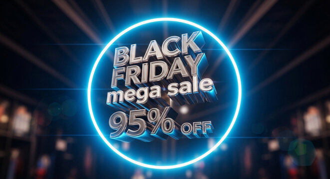 Mega Black Friday Sale Up to 95% Off with Electric Blue Neon Glow for Advertising Campaign, Promos, and Marketing Material to Drive Sales Today