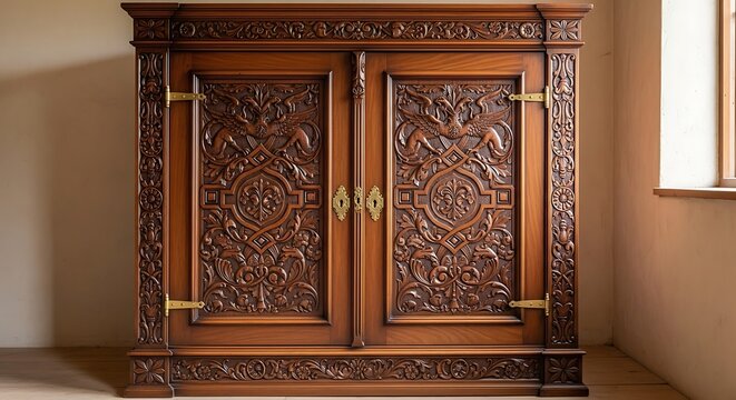 Antique Wooden Cabinet with Intricate Carvings and Brass Hardware.