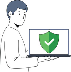 Simple vector illustration of person holding laptop with shield icon, cybersecurity concept.