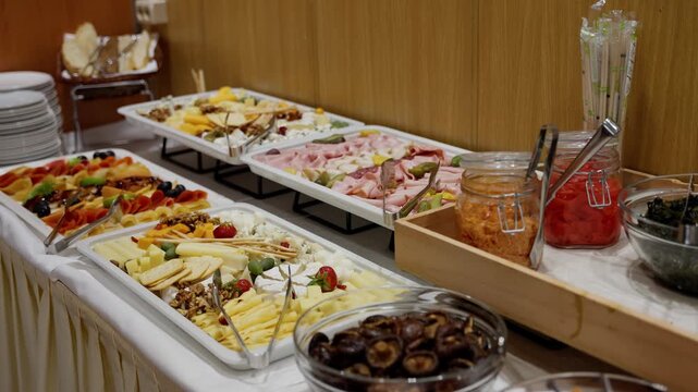 Elegant self-serve buffet spread with assorted cheeses, cold cuts, fresh fruit, salads, and pickled sides arranged on trays and bowls along a banquet table in a catering setting