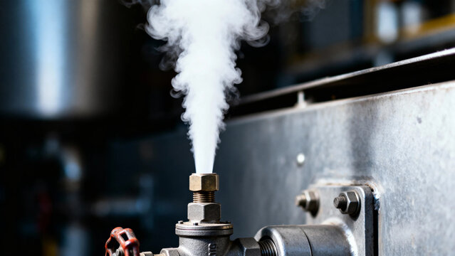 Steam escaping from a valve on industrial machinery in a factory setting