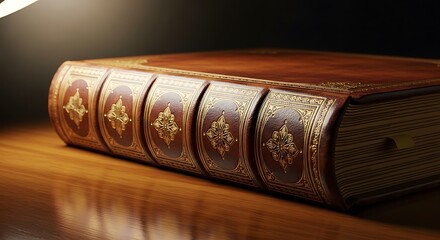 Antique Leather Bound Book on Wooden Table.
