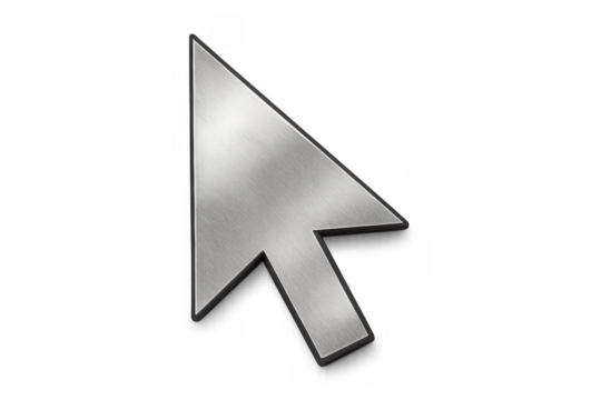 Metallic cursor arrow pointing, navigating digital interface, clicking technology, browsing internet websites