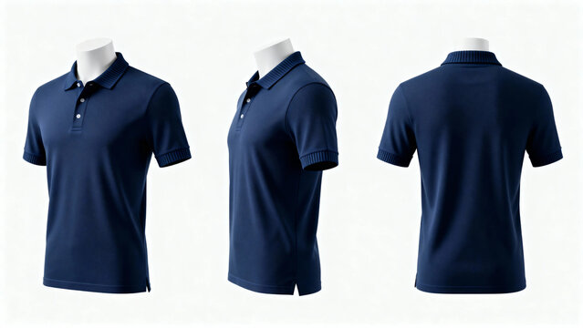 Dark blue polo shirt displayed from front, side, and back views on mannequin torsos