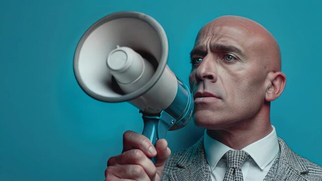 A bald man in a suit passionately shouts into a blue megaphone against a bright blue background. His expression is intense and focused.