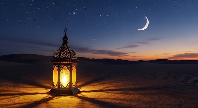 Illuminated traditional arabic lantern casting warm glowing light and intricate shadows on desert sand under a twilight sky with crescent moon and stars