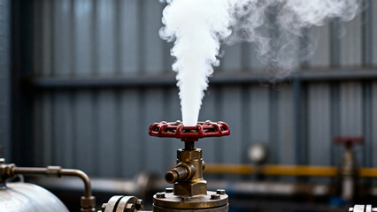 Steam escaping from a red valve on industrial piping in a factory setting