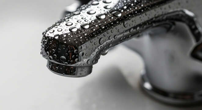 Macro shot of a shiny chrome faucet with numerous water beads and one large drop hanging from the spout, captured in a bright environment