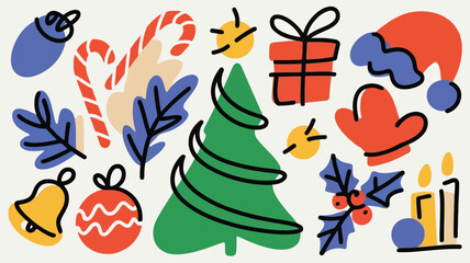 Colorful Christmas Icons and Holiday Elements on a White Background