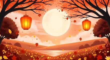 Magical autumn landscape with lanterns and full moon