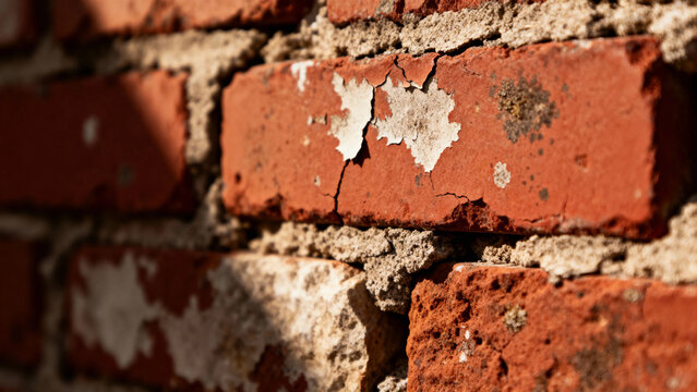 Close-up of weathered red brick wall with cracked mortar and peeling paint