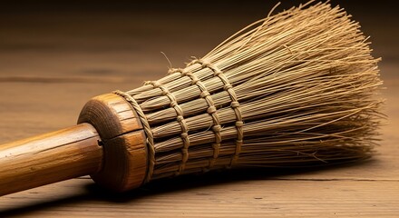 Close up of a rustic broom on a wooden surface.