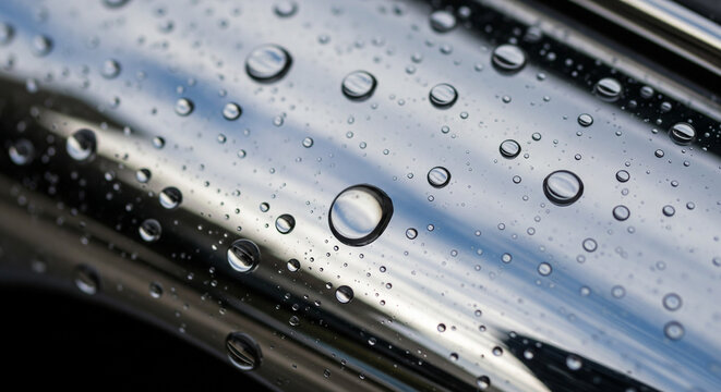 Extreme close-up of water droplets forming a condensation pattern on a highly polished, reflective chrome or metallic surface, showing blurred background reflections.