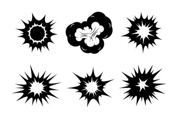 Collection of six black explosion and burst graphic elements isolated on
