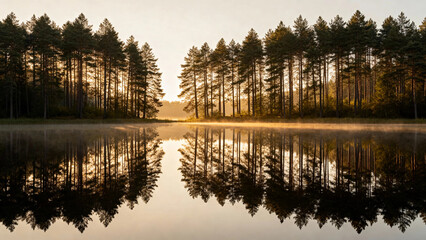 Fototapeta premium Sunrise over a calm lake with pine trees reflected in the water