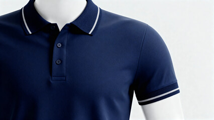 Dark blue polo shirt with white trim on collar and sleeve cuffs, displayed on a mannequin.
