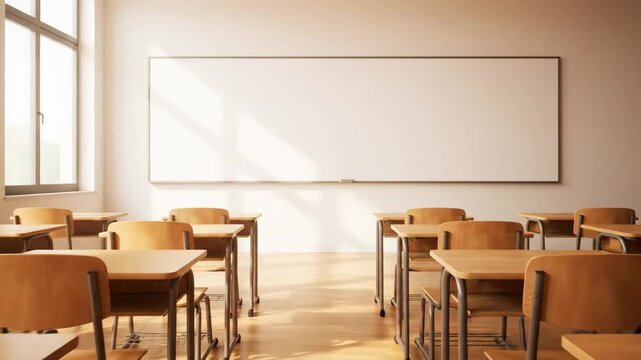 Empty Classroom with Desks and Whiteboard - This video shows a bright, empty classroom with rows of wooden desks and chairs.