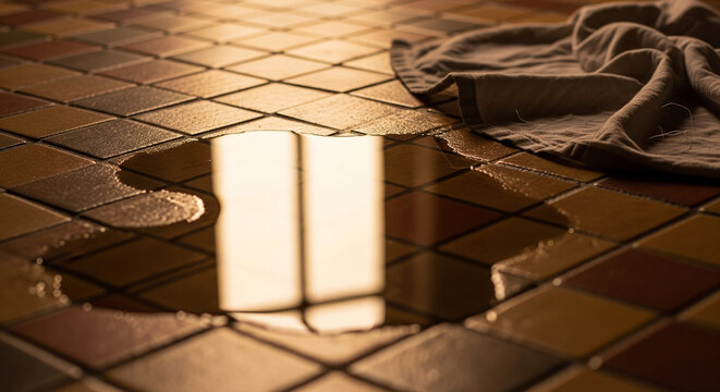 A pool of spilled liquid reflecting a window or light source, sitting on a colorful, patterned tile floor (terracotta or ceramic), with a crumpled brown cloth beside it. - Powered by Adobe