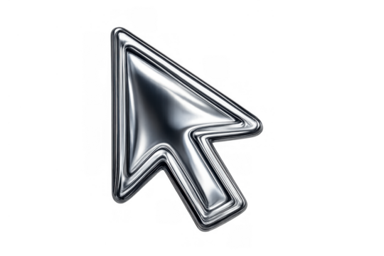 Chrome-plated 3d cursor icon moving on a screen, representing digital selection, software interface, and online connectivity