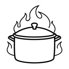 A simple black and white line drawing of a pot with a lid, surrounded by stylized flames, indicating it is cooking.