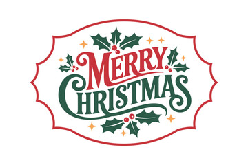 Merry Christmas decorative text with holly and stars illustration.