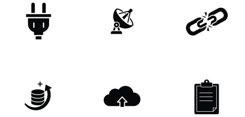Collection of plug, satellite, chain, coin, cloud, and clipboard icons isolated on transparent background