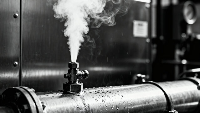 Steam escaping from a valve on an industrial pipe in a mechanical setting