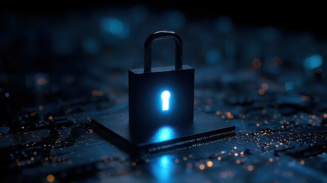 Abstract digital lock on a circuit board symbolizing data security, encryption, technology protection, and cybersecurity in a modern digital age