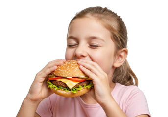Young girl with eyes closed joyfully taking a large bite of a delicious juicy cheeseburger isolated on transparent background