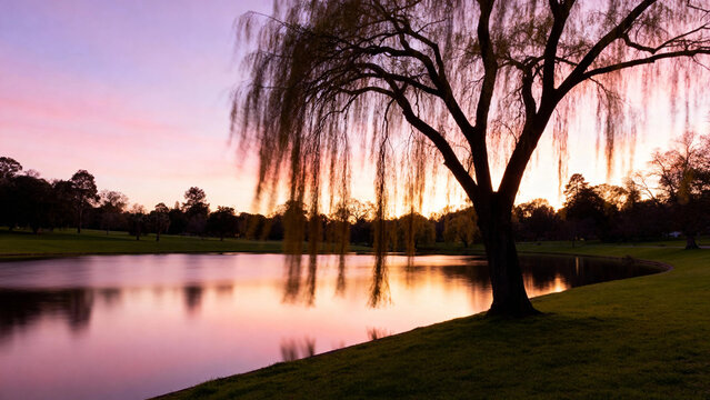 Willow tree by a calm lake at sunset with pink and purple sky