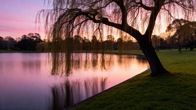 Willow tree by a calm lake at sunset with pink and purple sky reflections