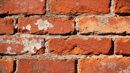 Obraz premium Close-up of weathered red brick wall with visible mortar and patches of wear