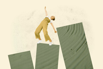 Poster trend collage of person stand move up on columns over pastel background