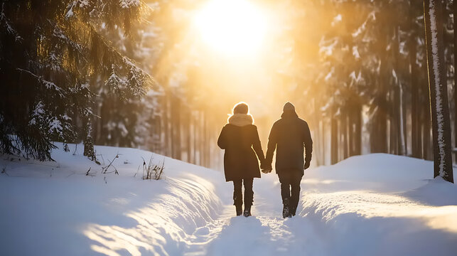 A couple walks hand-in-hand on a snowy forest path, the sunlight creating a golden glow. Love amidst winter's beauty. Together, they embrace the warmth and tranquility.