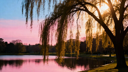 Sunset over a serene lake with a weeping willow tree in silhouette, reflecting pink and orange hues in the water.