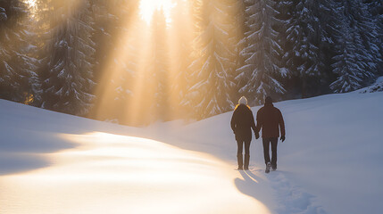 A couple holding hands walks through a snowy forest as the sun shines down. Their shadows stretch across the snow-covered ground. A romantic winter scene.