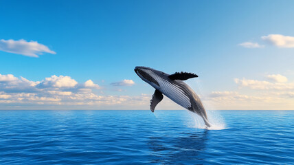 Whale breaching ocean surface with blue sky, dynamic splash, and blurred background scenery