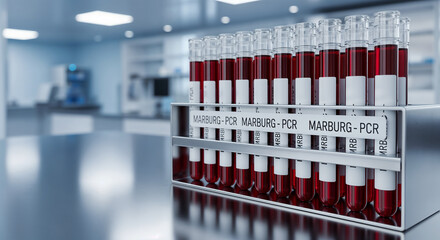 Rack of Blood Samples Labeled Marburg Virus PCR Test Tubes in a Clinical Laboratory