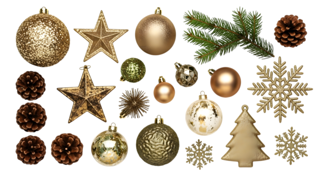 Collection of golden and green christmas ornaments and decorations