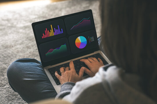 Person Working Remotely, Analyzing Business Intelligence Data on a Laptop Displaying Multiple Performance Charts and Graphs