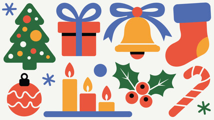 Colorful Christmas Icons and Elements Arranged on a Cream Background