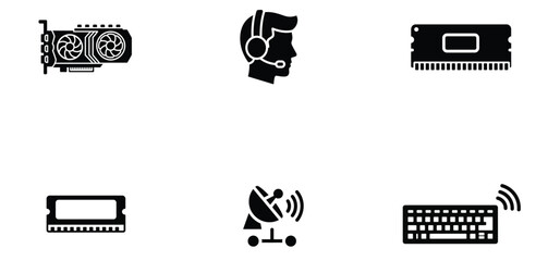 A collection of computer hardware components, including a GPU, headset, RAM, satellite dish, and wireless keyboard, essential for gaming and communication setups. 